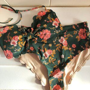 VANILLA BEACH FLORAL BANDEAU TOP BIKINI SET OLIVE & PEACH SIZE M & L